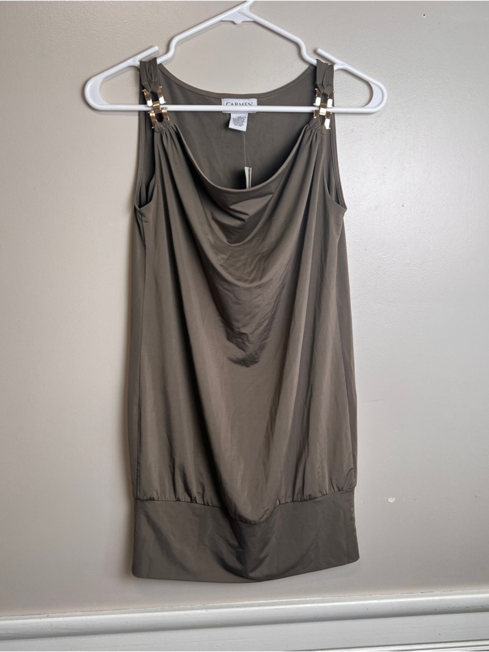 Carmen Marc Valvo NWOT Dark Olive Draped Cowl Neck Blouse Size XS